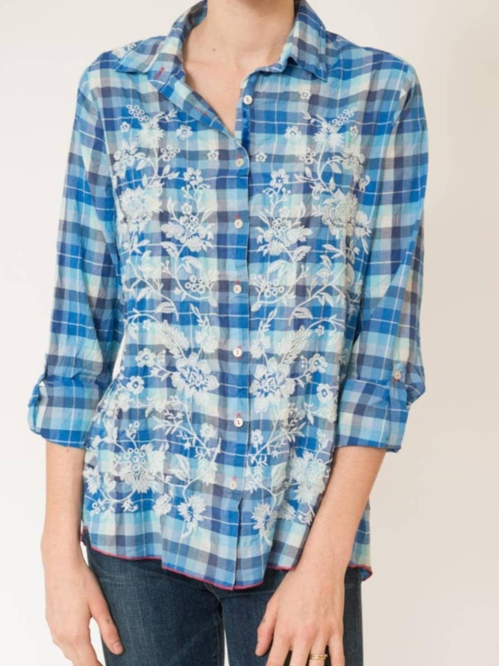 Johnny Was Blue Plaid Embroidered Button-Down Shirt